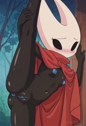 1girls ai_generated ass black_skin blue_anus blue_nipples blue_pussy blush forest from_behind holding_own_leg hollow_eyes hornet_(hollow_knight) navel no_mouth no_nose petite presenting red_cloak shiny_skin shy silksong small_breasts standing_split superkica white_mask
