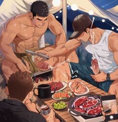 3boys 4boys abs bara barbecue beef beverage biceps big_glans big_penis black_hair blush broad_shoulders brown_hair bulge camping cap cellphone chopsticks clenched_teeth closed_eyes coffee_pot collarbone cooking covered_eyes cum cum_drip cum_explosion cum_on_penis cum_splatter cum_string cum_trail duo duo_focus ejaculation erect_nipples erection eyebrow_scar food foreskin foreskin_folds frenulum frown gay grapes grass grin hi_res holding_drink holding_object holding_phone huge_cock legs_apart light_bulb lights long_cumshot long_penis looking_at_penis looking_down male male/male male_only masturbation mature_male meat muscles muscular muscular_arms muscular_male navel night orgasm original original_character pants_pull party pecs penis penis_out phone_camera phone_screen powerful_cumshot pulling_clothing recording red_glans resisting_orgasm retracted_foreskin salmon semen shadow_over_eyes short_hair shorts shrimp simultaneous_orgasms sitting six_pack smartphone smartwatch spread_legs table tank_top thick_eyebrows thick_penis tongs topless uncensored uncircumcised uncut unzipped unzipped_pants veiny_penis wince wooden_table wristwatch yaoi youchi123 zheng_yu