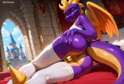 1boy 2025 ai_generated anthro bulge castle digital_media dragon dragon_boy femboy furry furry_ass furry_male furry_only geidra girly hand_on_butt looking_at_viewer looking_down low-angle_view male male_only narrowed_eyes on_side patreon presenting presenting_hindquarters purple_body purple_eyes purple_scales purple_tail rear_view scalie self_upload solo spyro spyro_the_dragon tagme tail thigh_highs white_claws wide_hips wings yellow_hair yellow_thong yellow_underbelly yellow_wings