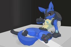 2019 3_fingers 3_toes anthro bed blue_fur canid canine female fur looking_at_viewer lucario mammal nintendo pokemon pokemon_(species) presenting presenting_pussy pussy red_eyes smile solo spread_legs spreading toes video_games vswitch