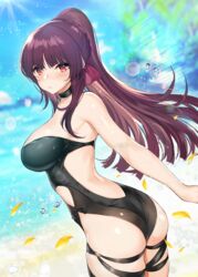 ass blush breasts cleavage ero_waifu female female_only girls'_frontline looking_at_viewer looking_back one-piece_swimsuit solo swimsuit wa2000_(girls'_frontline)