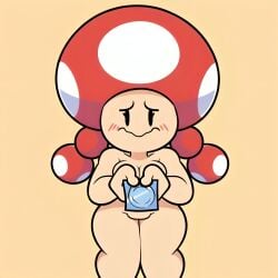 ai_generated black_eyes blush condom condom_wrapper eyelashes female genderswap_(mtf) looking_at_viewer mario_(series) naked nervous nude offering_condom pixai red_mushroom rule_63 short shortstack shy simple_background super_mario_bros. thick_thighs toad_(mario) toadette twintails