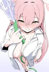 aerolae between_breasts blue_archive blush bottomless braid breasts female hanako_(blue_archive) hanako_(swimsuit)_(blue_archive) hose large_breasts no_bra no_panties pink_hair smile sweat sweatdrop water