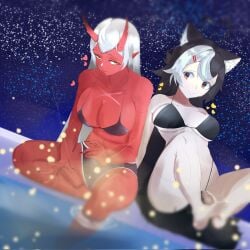 2girls akumi bikini black_bikini blurry blurry_foreground breasts cleavage depth_of_field female heart large_breasts long_hair looking_at_viewer momotexx_(vtuber) multiple_girls navel night night_sky red_eyes red_skin shooting_star short_hair sky smile space star_(sky) starry_sky swimsuit vyugen