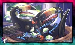 adversarial_noise avian beak black_body black_claws black_eyes black_feathers blue_legs blue_sclera bodily_fluids border cel_shading claws cloaca_juice countershading curling_toes duo egg egg_laying feathers feet female feral forest forest_background genital_fluids group_egg_laying hi_res in_tree light light_beam looking_pleasured lying markings multicolored_beak multicolored_body multicolored_feathers narrowed_eyes nature nature_background nest nintendo on_back open_mouth pink_tongue plant pokémon_(species) pokemon pokemon_(species) pokemon_egg pupils saliva saliva_string shaded signature spotted_egg standing sunbeam sunlight talons text toe_claws toes tongue toucannon tree url violabossanova watermark white_body white_countershading white_feathers white_markings white_pupils yellow_body yellow_feathers yellow_markings