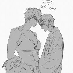 1boy 1girls assisted_exposure bra breasts cleavage female genderswap_(mtf) gintama gintoki_sakata male medium_breasts monochrome muscular muscular_female rule_63 short_hair shorter_male socincol sports_bra takasugi_shinsuke taller_female taller_girl tomboy unzipped very_short_hair