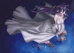 ahoge bandaged_arm bandages bare_shoulders blaze_infinity breasts brown_eyes clavicle cleavage clothing cross-laced_sandals danua draph_race_(granblue_fantasy) dress ear female fingerless_gloves footwear gloves granblue_fantasy gretel_(granblue_fantasy) hair_between_eyes hansel_(granblue_fantasy) high_resolution horn_ornament horns huge_breasts jewelry long_ears long_hair long_pointed_ears looking_at_viewer looking_to_the_side necklace pendant pointed_ears puppet purple_eyes purple_hair sandals shortstack solo standing thumb_to_mouth tomioka_sena viewed_from_above water white_dress