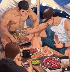 3boys 4boys abs bara barbecue beef beverage biceps big_glans big_penis black_eyes black_hair blush broad_shoulders brown_hair bulge camping cap cellphone chopsticks clenched_teeth coffee_pot collarbone cooking covered_eyes duo duo_focus erect_nipples erection eyebrow_scar food foreskin foreskin_folds frenulum frown gay grapes grass grin hi_res holding_drink holding_object holding_phone huge_cock legs_apart light_bulb lights long_penis looking_at_penis looking_down male male/male male_only masturbation mature_male meat muscles muscular muscular_arms muscular_male navel night original original_character pants_pull party pecs penis penis_out phone_camera phone_screen pulling_clothing recording red_glans retracted_foreskin salmon shadow_over_eyes short_hair shorts shrimp sitting six_pack smartphone smartwatch spread_legs table tank_top thick_eyebrows thick_penis tongs topless uncensored uncircumcised uncut unzipped unzipped_pants veiny_penis wince wooden_table wristwatch yaoi youchi123 zheng_yu