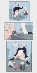 1boy 1girls bilefangz blue_eyes bottomless breasts clothing comic cum cumshot ejaculation english_text erect_penis erection female femboy giantess leotard light-skinned_female light-skinned_male light_skin macro male masturbation nier nier:_automata penis pussy short_hair size_difference text trap vagina white_hair yorha_2b yorha_9s