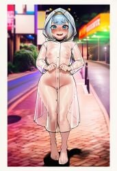 1girls ai_generated barefoot blue_eyes blue_hair blush green_hair hoshiumi_jelly medium_breasts naked_coat naked_raincoat nipples phase_connect public_nudity pussy thick_thighs toes virtual_youtuber wide_hips