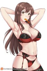 1girls abs akagi_(kantai_collection) armpits arms_behind_head arms_up aslindsamure bangs big_breasts black_lingerie black_stockings bra breasts brown_eyes brown_hair cameltoe cleavage collarbone cowboy_shot female female_only food food_in_mouth garter_belt groin hair_between_eyes highres kantai_collection large_breasts lingerie long_hair looking_at_viewer midriff mouth_hold muscular muscular_female navel panties patreon_username picot_trim picot_trim_bra red_bra red_lingerie red_panties red_thighhighs shrimp shrimp_tempura sidelocks simple_background solo stockings stomach straight_hair tempura text thighhighs thighs thong underwear underwear_only url watermark