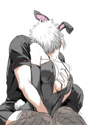 1boy 1girls alternate_costume anelienchan big_breasts breast_grab bunny_ears bunnysuit cleavage elbow_gloves female fishnet_thighhighs fishnets gintama gintoki_sakata gloves grabbing_from_behind groping groping_breasts groping_from_behind implied_fingering kissing male nipple_bulge playboy_bunny sitting sweat thighhighs tied_hair tsukuyo updo