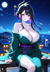 ai_generated big_breasts colored_inner_hair female female_only hair_ornament kimono night_sky original_character purple_eyes