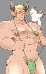 abs animal_humanoid anthro banana_hammock bara bara_tiddies bara_tits barely_clothed big_chest big_nipples big_pecs bird blonde_hair blush bulge cow_boy cow_ears cow_horns cute draph embarrassed gigantic_chest gigantic_pecs granblue_fantasy huge_chest huge_pecs humanoid hybrid large_pectorals male male_only man_boobs man_breasts massive_chest massive_pecs moobs muscular nipple_holes nipple_slits nipples pavidus pecs pubic_hair puffy_nipples sideburns solo takezamurai tan_skin thick_thighs thong tugging wide_hips yaoi yellow_eyes