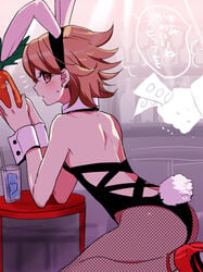 1boy androgynous blush brown_eyes brown_hair bunny_boy bunny_ears bunny_tail bunnysuit canon_crossdressing carrot crossdressing danganronpa danganronpa:_trigger_happy_havoc eyelashes femboy fishnet_pantyhose fujisaki_chihiro girly high_heels looking_away machi male male_only short_hair smooth_skin sweatdrop