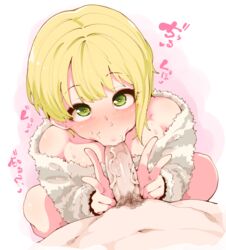 1boy bare_shoulders blonde_hair censored double_v eyebrows_visible_through_hair fellatio female green_eyes heart heart-shaped_pupils idolmaster idolmaster_cinderella_girls looking_at_viewer male_pubic_hair miyamoto_frederica mosaic_censoring navel oral penis pov pubic_hair short_hair squatting straight sweater symbol-shaped_pupils takato_kurosuke takatoo_kurosuke v veins veiny_penis