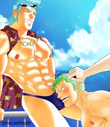 3boys 7angelm abs bara beach blue_hair boy_rape bulge crotch forced forced_oral franky glasses green_hair hair_grab hand_on_head light_blue_hair male male_focus male_nipples male_only multiple_boys muscle naughty_face nipples ocean one_piece outdoors pecs roronoa_zoro smile sunglasses underwear water yaoi