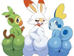 1boy 2019 ambiguous_gender anthro anthrofied ass ass_to_ass back band-aid bandage big_ass blue_body blue_skin breasts buckteeth cheek_tuft chubby fur furry gesture girly green_body green_skin grookey half-closed_eyes hi_res intersex interspecies lagomorph large_ass looking_at_viewer looking_back male mammal moobs multicolored_fur nintendo nude pokémon_(species) pokemon pokemon_ss pokemorph presenting primate reptile scalie scorbunny side_by_side sideboob sobble sssonic2 tail take_your_pick teapot_(body_type) teeth testicles thick_thighs tuft two_tone_fur video_games waving white_fur wide_hips