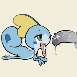 ambiguous_gender blue_skin cum cum_drip cum_on_tongue dripping duo faceless_male fur furry furry_only green_eyes happy itsunknownanon male male/ambiguous nintendo one_eye_closed open_mouth penis pokémon_(species) pokemon pokemon_ss reptile saliva scalie simple_background smile sobble tongue tongue_out video_games