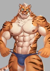 abs anthro biceps blue_eyes bulge chest_tuft feline gohgw1 hi_res lin_hu looking_at_viewer male male_only mammal muscular muscular_male nekojishi nipples pecs penis seductive smile solo tiger tuft