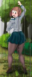 1girls accidentally_stuck ass breasts curvy female female_only femsub fence gutardi large_ass large_breasts my_hero_academia ochako_uraraka outdoors outside skirt source_request stuck stuck_in_fence