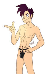 1boy aged_up blue_eyes buff disney leather male male_focus male_only mostly_nude pinup pouch purple_hair randy_cunningham randy_cunningham:_9th_grade_ninja tagme