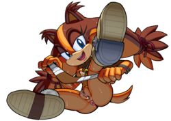 anus boomerang boots breasts eyelashes from_below highres hotred is_(artist) necklace nipples orange_fur pussy pussy_juice sega servedasis sonic_(series) sonic_boom sticks_the_badger sticks_the_jungle_badger sticks_the_tejon sweat tail transparent_background