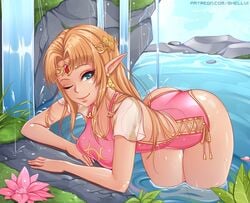 ass blonde_hair breasts cleavage female female_only hip_vent looking_at_viewer medium_breasts nintendo princess_zelda shellvi solo swimsuit the_legend_of_zelda water waterfall zelda_(a_link_between_worlds)