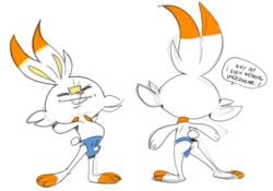 1boy balls buckteeth bulge closed_eyes clothed clothing dialogue english_text fur lagomorph male male_only mammal nintendo oddjuice penis pokémon_(species) pokemon pokemon_ss scorbunny simple_background solo stretching teeth text underwear video_games white_background