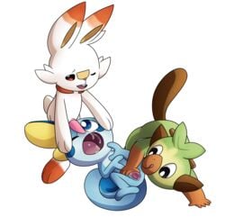 1boy 1girls 2019 absurd_res ambiguous_gender anthro anthro_on_anthro ass blue_eyes blue_skin cum cum_in_mouth cum_inside female feral fur green_fur grookey group group_sex hi_res interspecies lagomorph male mammal nintendo oral penis pokémon_(species) pokemon pokemon_ss primate pussy red_eyes reptile scalie scorbunny sex smile sobble spread_pussy spreading threesome transparent_background video_games white_fur yoshimister