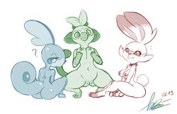 2019 3girls anthro anthrofied areola ass back bantar2 blush breasts butt_from_front female fur furry grookey group lagomorph leaf looking_at_viewer mammal nintendo nipples open_mouth partially_colored pokémon_(species) pokemon pokemon_ss pokemorph primate reptile restricted_palette scalie scorbunny simple_background sketch smile sobble squatting text thick_thighs video_games watermark wide_hips