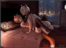 animal_humanoid ass canid canine canis city cityscape collar compression_artifacts duo embrace fox fur girly hair humanoid leash love lying male mammal missionary_position night nude on_back romantic sex window wolf yaoi yunakurosaki