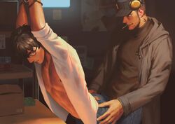 2boys age_difference arched_back ass_grab atlus black_hair bound_wrists cigarette clothed facial_hair gay hands_on_hips hay highres image_set iwai_munehisa male male_focus male_nipples male_only megami_tensei multiple_boys nipples penguin_frontier persona persona_5 piercing ren_amamiya restrained rope shin_megami_tensei smirk tattoo undressing yaoi yusuke_kitagawa