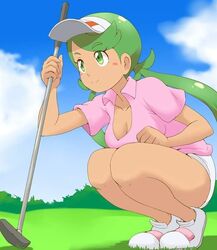 breasts cleavage female golf_club green_hair mallow_(pokemon) outdoors pokemon pokemon_sm solo squatting tan tan_skin tof twintails