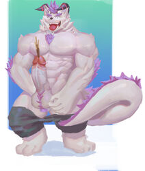 abs absurd_res anthro ball_tuft balls behemoth_(tokyo_afterschool_summoners) candy chest_tuft clothed clothing erection fangs food hi_res horn improvised_sex_toy male male_focus male_only monster muscular muscular_male nipples pants_down partially_clothed pecs penis pocky surt_(artist) tokyo_afterschool_summoners tongue tongue_out tuft urethral video_games