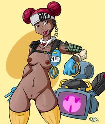 1girls apex_legends areolae breasts cowboy_shot dahs dark-skinned_female dark_skin double_bun female female_only female_pubic_hair gesture hair hair_bun human innie_pussy lifeline_(apex_legends) nipples pubic_hair pussy red_hair small_breasts solo thighhighs v video_games