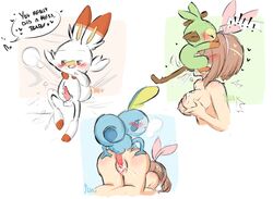 ass blue_eyes blush breasts brown_hair closed_eyes cum cum_in_mouth cum_in_pussy cum_inside cum_on_breasts fellatio female furfursha game_freak gloria_(pokemon) grookey heart human interspecies nintendo oral orange_eyes penis pokemon pokemon_ss pokephilia pussy scorbunny short_hair simple_background sobble tail testicles text_focus vaginal_penetration white_background zoophilia