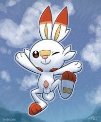 2019 animal_genitalia animal_penis balls feral fur lagomorph looking_at_viewer male male_only mammal nintendo penis pokémon_(species) pokemon pokemon_ss scorbunny sheath smile solo solo_male video_games white_fur zekromlover