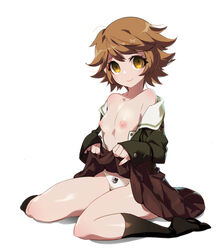 1girls alicecrazy breasts brown_hair brown_skirt clothed danganronpa danganronpa:_trigger_happy_havoc female female_only fujisaki_chihiro genderswap genderswap_(mtf) green_vest nipples panties partially_clothed rule_63 short_hair simple_background skirt skirt_lift small_breasts smile solo straight_hair tights vest white_background white_panties yellow_eyes