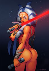 1girls alien alien_girl amber_eyes areolae ashara_zavros ass big_breasts bioware breasts bubble_butt curvy facial_markings fangs female female_only half-closed_eyes hissing holding_object holding_sword holding_weapon large_breasts licking_sword lightsaber lightsaber_hilt looking_at_viewer looking_back lucasfilm markydaysaid naked nipples nude nude_female open_mouth orange_skin red_lightsaber sharp_teeth sith solo standing star_wars star_wars:_the_old_republic star_wars_legends sword teeth togruta voluptuous weapon