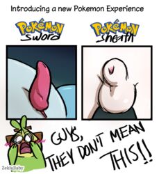 2019 animal_genitalia balls comic embarrassed english_text flustered fully_sheathed genital_slit grookey humor lagomorph looking_at_viewer male male_only mammal nintendo penis pokémon_(species) pokemon pokemon_ss presenting primate reptile scalie scorbunny sheath simple_background slit sobble text video_games zekromlover