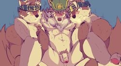 anthro biceps canid canine canis fur headband hi_res horkeukamui humanoid_penis male male_only mammal multicolored_fur muscular muscular_male pecs penis relax_lion tattoo temujin tokyo_afterschool_summoners video_games white_fur wolf