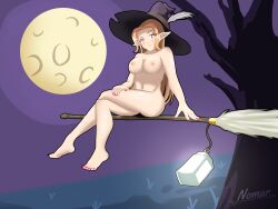 1girls 2023 alfreya_(nomar) alternate_version_at_source big_breasts blush broom_riding elf_ears elf_female eye_visible_through_hair eyebrow_raise hand_on_hip hi_res lantern legs_crossed moon night_sky nomar nude orange_hair original original_character outdoors painted_nails pink_eyes shiny_skin smile solo witch_hat