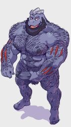 anthro arm_hair balls beard body_hair chest_hair facial_hair fangs generation_1_pokemon genitals grey_body grey_skin holding_penis leg_hair looking_at_viewer looking_up machoke male male_only muscular muscular_anthro muscular_male nintendo nipples penis pokemon pokemon_(species) pubes red_body red_eyes red_skin shadow shoulder_hair simple_background smile solo standing taoren teeth