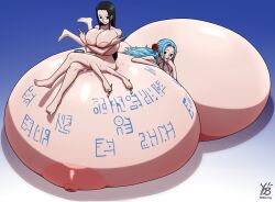 2girls akuma_no_mi black_eyes black_hair blue_eyes blue_hair blush breast_grab breasts breasts_bigger_than_body enormous_breasts female female_only gigantic_breasts hana_hana_no_mi hyper hyper_breasts large_breasts long_hair multi_arm multi_limb nefertari_vivi nico_robin nipples nude one_piece post-timeskip puffy_nipples sitting_on_another sitting_on_breasts sitting_on_own_breasts sitting_on_person tied_hair ydbunny