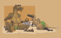 anthro breasts burger chewing clothed clothing container cup dinosaur duo eating eating_food eyewear eyewear_on_head female food hi_res jayda_(zagz) jewelry jude_(zagz) male male/female necklace open_mouth ornithomimid reptile scalie sunglasses sunglasses_on_head swimming_trunks swimwear theropod topless topless_anthro topless_female topless_male towel tyrannosaurid tyrannosauroid tyrannosaurus tyrannosaurus_rex zagz