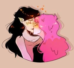 adventure_time black_hair blush_lines closed_eyes clothed couple fangs heart_symbol kissing lesbian marceline marceline_abadeer pink_hair princess_bubblegum wholesome yuri