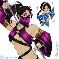 ? blades chibi damax edenian fan female female_focus female_only hybrid kitana kitana_(mk9) masked masked_female mileena mileena_(mk9) mortal_kombat mortal_kombat_(2011) questioning sais skimpy skimpy_clothes tarkatan tarkatan_eyes warner_bros._games warner_brothers