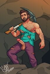 bara beard blue_shirt body_hair facial_hair gay male_only manuel minecraft pickaxe profe ripped_clothing sneolk steve_(minecraft)