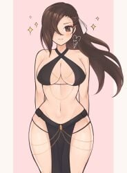 1girls bare_shoulders blush brown_eyes brown_hair cowboy_shot criss-cross_halter female female female_only fire_emblem fire_emblem_fates hair_over_one_eye halterneck highres kagero_(fire_emblem) loincloth long_hair looking_at_viewer navel nintendo pink_background purrlucii solo sparkle standing stomach thighs very_long_hair yomorio_lingerie